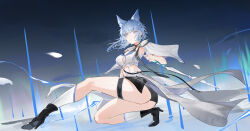 1girl absurdres animal_ears aurora black_boots black_panties blue_eyes blue_hair boots breasts collar commentary commentary_request crop_top english_commentary flantia hair_ornament high_heels highres holding holding_sword holding_weapon looking_at_viewer medium_breasts medium_hair mixed-language_commentary original panties solo squatting strap sword thigh_strap underwear weapon white_collar