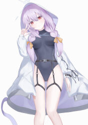 1girl absurdres atsuko_(blue_archive) blue_archive braid coat halo highleg highleg_leotard highres hood hood_up hooded_jacket jacket kotokoto_(pixiv_105451061) leotard looking_at_viewer low_twin_braids purple_hair red_eyes solo twin_braids v white_background white_coat white_halo white_hood