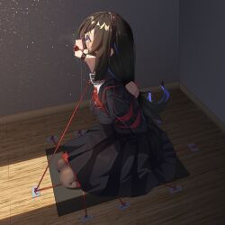 Rule 34 | 1girl, absurdres, arms behind back, ball gag, bdsm, black hair, black pantyhose, blazer, blue eyes, blue hair, bondage, bound, breast bondage, breasts, collar, collared shirt, commentary request, drooling, full body, gag, gag harness, gagged, highres, indoors, jacket, kneeling, long hair, original, pantyhose, pleated skirt, restrained, shibari, shibari over clothes, shirt, skirt, small breasts, solo, usugumori, very long hair, white shirt, wiffle gag
