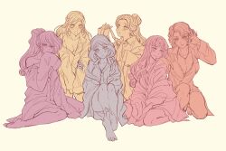 Rule 34 | 6+girls, aladdin (movie), animification, aurora (disney), avengers (series), beauty and the beast (disney), belle (disney), blonde hair, crossover, dress, hercules (1997 movie), highres, jane porter, jasmine (disney), long hair, looking at viewer, marvel, megara (disney), mizala, multiple girls, natasha romanoff, sleeping beauty (disney), smile, tarzan (disney movie)