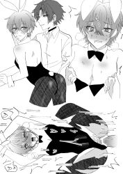 2boys ahegao anal armpits asaba_harumasa black_hair blush crossdressing frown grey_hair greyscale heavy_breathing highres leotard male_focus male_playboy_bunny monochrome multiple_boys nipple_stimulation nipples open_mouth penis playboy_bunny sex shirt sk_camd smile spread_legs sweat sweatdrop white_shirt wise_(zenless_zone_zero) yaoi zenless_zone_zero