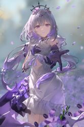 1girl artist_name asymmetrical_gloves castorice_(honkai:_star_rail) closed_mouth clothing_cutout commentary dress english_commentary floating_hair flower gloves grey_hair hair_between_eyes hair_flower hair_ornament highres honkai:_star_rail honkai_(series) long_hair looking_at_viewer low_twintails multicolored_hair navel_cutout pointy_ears purple_eyes purple_flower purple_gloves purple_hair reaching reaching_towards_viewer smile solo synapse tiara twintails two-tone_hair watermark white_dress