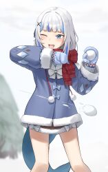 1girl absurdres blue_coat blue_hair blue_mittens coat fins fish_tail gawr_gura gawr_gura_(winter_casual) grey_hair highres holding holding_snowball hololive hololive_english mittens multicolored_hair official_alternate_costume official_alternate_hair_length official_alternate_hairstyle one_eye_closed red_scarf scarf shark_girl shark_tail sidelocks smile snowball solo streaked_hair tail teeth upper_teeth_only vakuuberi virtual_youtuber winter_clothes winter_coat
