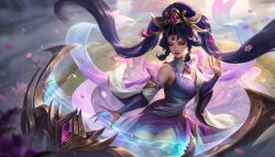 1girl absurdres alternate_costume blue_eyes breasts cleavage detached_sleeves eyelashes eyeshadow falling_petals fingernails flower fog hair_ornament highres immortal_journey_sona instrument league_of_legends long_hair looking_down lotus magic makeup medium_breasts mole mole_under_eye music official_alternate_costume official_art outdoors parted_bangs parted_lips petals pink_flower playing_instrument purple_eyeshadow purple_flower purple_hair purple_nails red_lips rose_petals seiza sharp_fingernails sitting smile solo sona_(league_of_legends) sunlight twintails water wide_sleeves