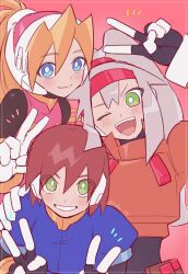 3girls aile_(mega_man_zx) ashe_(mega_man) black_bodysuit blonde_hair blue_eyes blue_jacket blush bodysuit bodysuit_under_clothes brown_hair ciel_(mega_man) cropped_jacket double_v green_eyes grey_hair high_ponytail highres jacket long_hair mega_man_(series) mega_man_zero_(series) mega_man_zx mega_man_zx_advent multiple_girls one_eye_closed orange_jacket pink_shirt ponytail shirt short_hair twitter_username upper_body v vani_(hisha_04)