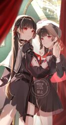 2girls arm_cutout black_choker black_hair black_shirt black_skirt character_request chisa_(wuthering_waves) choker closed_mouth collared_shirt commentary_request cowboy_shot different_reflection finger_to_mouth hair_ribbon highres long_hair long_sleeves look-alike looking_at_viewer multiple_girls necktie onigiri_yumi09 parted_lips red_eyes red_necktie red_ribbon reflection ribbon shirt shushing skirt smile tacet_mark_(wuthering_waves) twitter_username wuthering_waves
