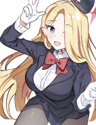 1girl :d arm_up black_hat black_jacket blazer blonde_hair blue_archive blue_eyes bow bowtie breasts commentary cowboy_shot fang flight_attendant gloves grey_pantyhose hair_behind_ear hair_over_one_eye halo hat jacket lapels large_breasts long_hair long_sleeves looking_at_viewer mini_hat official_alternate_costume one_eye_covered open_mouth pantyhose pina_(blue_archive) pina_(guide)_(blue_archive) raifu_(rf) red_bow red_bowtie shirt simple_background skin_fang smile solo travel_attendant w white_background white_gloves white_shirt
