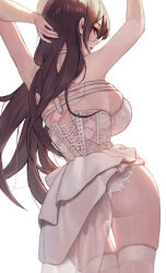 1girl absurdres arms_up ass backboob breasts brown_hair commentary corset dress embroidered_panties goddess_of_victory:_nikke highres huge_breasts large_breasts laza_(0ldsong) long_hair looking_at_viewer mihara_(bonding_chain)_(nikke) mihara_(bonding_chain)_(pain_eater)_(nikke) mihara_(nikke) official_alternate_costume panties purple_eyes red_eyes sideways_glance simple_background solo straight_hair sweat thighhighs underwear very_long_hair white_background white_corset white_dress white_panties white_thighhighs