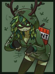 1girl adventure_time black_eyes blush breasts colored_sclera explosive fingerless_gloves gloves green_background green_sclera highres hood horns huntress_wizard mask medium_breasts minecraft plant_hair tnt tnt_block_(minecraft) usmangaa