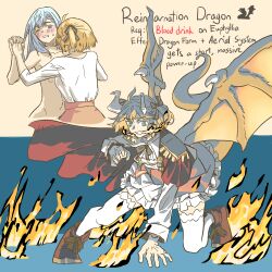 Rule 34 | 2girls, aiguillette, anisphia wynn palettia, anjuro zeeku, black ribbon, blonde hair, blue background, blue eyes, blue hair, blush, boots, brown boots, clothed female nude female, commentary, dragon girl, dragon horns, dragon tail, english commentary, english text, epaulettes, euphyllia magenta, fang, fire, hair ribbon, highres, holding hands, horns, interlocked fingers, looking at viewer, multiple girls, neck ribbon, nude, one eye closed, one side up, parted lips, petticoat, pink skirt, purple eyes, ribbon, shirt, short hair, skirt, sweat, tail, tensei oujo to tensai reijou no mahou kakumei, thighhighs, two-tone background, white shirt, white thighhighs, yellow background, yuri