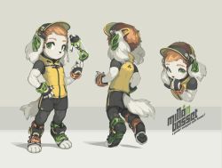 1boy animal_ears animal_hands barefoot bodysuit bracelet container dog_ears dog_tail fingerless_gloves freedom_planet furry galaxytrail genderswap genderswap_(ftm) gloves green_eyes grey_background highres jacket jewelry looking_at_viewer male_focus milla_basset official_art orange_hair pawpads shoes shorts skin_tight smile sneakers standing tail toned tyson_tan visor_cap