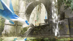 1girl bianca_(pokemon_heroes) bird blue_fire brown_hair claws doorwood fire gen_3_pokemon green_shirt hat highres latios legendary_pokemon lily_pad moss nintendo outdoors overgrown pokemon pokemon_(anime) pokemon_(classic_anime) pokemon_(creature) pokemon_heroes:_latios_&amp;_latias red_eyes shirt short_hair stairs stone_stairs water white_hat