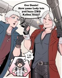 1girl 2boys absurdres anger_vein black_gloves black_hair blue_eyes blue_jacket closed_eyes coat dangerousbride dante_(devil_may_cry) devil_may_cry_(series) devil_may_cry_5 dual_wielding fingerless_gloves gee_bill!_(meme) gloves highres holding jacket jewelry kalina_ann_(weapon) lady_(devil_may_cry) meme multiple_boys necklace nero_(devil_may_cry) red_coat rocket_launcher shirt sparkle speech_bubble weapon white_hair white_jacket