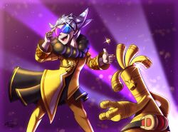 Rule 34 | 1boy, coin, colored skin, gholdengo, highres, jewelry, kththeartist, lear (pokemon), lear (sygna suit) (pokemon), male focus, multicolor-tinted eyewear, multiple rings, nintendo, official alternate costume, open mouth, pokemon, pokemon (creature), pokemon masters ex, purple background, ring, sparkle, spotlight, tinted eyewear, treasure chest, yellow skin