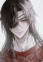 1boy absurdres bishounen black_hair braid butterfly_necklace chinese_clothes closed_mouth earrings eyelashes eyepatch grey_background hair_over_one_eye hair_over_shoulder hanfu highres hua_cheng jewelry long_hair looking_at_viewer male_focus mandarin_collar necklace one_eye_covered portrait red_eyes red_hanfu side_braid simple_background single_braid smile solo tianguan_cifu upper_body white_background young57440489 yuanlingpao