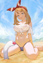 1girl barefoot beach bikini blue_bikini blue_eyes blue_sky breasts brown_hair cloud covered_erect_nipples full_body hairband large_breasts may_(pokemon) mountainous_horizon navel nintendo nipples off-shoulder_shirt off_shoulder outdoors parted_lips pokemon pokemon_rse red_hairband sand see-through_clothes see-through_shirt shirt short_sleeves sitting sky solo swimsuit thighs tied_shirt wariza white_shirt wiglett yugen99