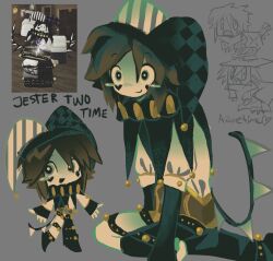 1other alternate_costume black_hair blue_eyes blush_stickers chibi chibi_inset english_text forsaken_(roblox) fuziyams grey_background hat jester jester_cap jester_costume medium_hair official_alternate_costume patterned_clothing reference_inset roblox simple_background sketch_inset smile tail two_time_(forsaken)