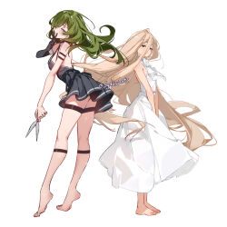 2girls absurdly_long_hair barefoot black_dress black_gloves brown_hair center_frills commentary dress elbow_gloves feet frills full_body gloves green_hair hair_down half-closed_eyes highres holding holding_scissors long_hair multiple_girls pleated_dress purple_eyes scissors sense_(sousou_no_frieren) single_elbow_glove sleeveless sleeveless_dress soles sousou_no_frieren standing sydus thigh_strap thighs tiptoes toes ubel_(sousou_no_frieren) very_long_hair white_dress