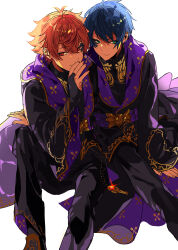 2boys absurdres ace_trappola ahoge black_eyeshadow black_pants black_robe blue_hair cape closed_mouth commentary_request deuce_spade eyeshadow facial_tattoo full_body green_eyes hair_between_eyes hand_up highres key_print looking_at_viewer makeup male_focus multiple_boys nana_tetra pants parted_lips purple_cape red_eyes red_hair robe short_hair simple_background sitting tattoo twisted_wonderland white_background