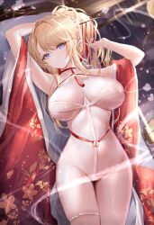 1girl absurdres age_fx arms_up azur_lane bare_shoulders blonde_hair blue_eyes breasts cleavage floral_print glorious_(azur_lane) glorious_(pungent_plum)_(azur_lane) hair_ornament highres large_breasts long_hair looking_at_viewer navel o-ring official_alternate_costume ponytail revealing_clothes revision sidelocks thigh_strap thighs