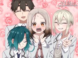 1boy 3girls :d ahoge aijou_rentarou androgynous bishie_sparkle blazer blonde_hair blue_necktie blush bow bowtie brown_bow brown_bowtie brown_eyes brown_hair brown_sweater_vest chapter_number clenched_hands closed_eyes closed_mouth collared_shirt comic_panel_redraw crossdressing crossed_bangs curtained_hair derivative_work double-parted_bangs floral_print flower gradient_hair green_hair grey_jacket grin hair_between_eyes hair_over_one_eye hands_up heart highres jacket kimi_no_koto_ga_dai_dai_dai_dai_daisuki_na_100-nin_no_kanojo looking_at_viewer medium_hair meido_mai messy_hair multicolored_hair multiple_girls nakaji_uto necktie nose_blush official_alternate_costume one_eye_covered open_mouth parted_hair pink_flower pink_rose plaid_bow plaid_bowtie plaid_clothes raised_eyebrows rectangular_mouth reverse_trap rose rose_print shirt short_hair short_hair_with_long_locks smile sparkle sparkle_background split_mouth sutou_iku sweat sweater_vest teeth thick_eyebrows upper_body upper_teeth_only utiponn v wavy_eyebrows white_shirt wide-eyed