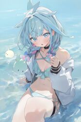1girl :o absurdres arm_up bikini black_choker blue_bikini blue_eyes blue_hair braid braided_twintails breasts choker hair_flaps highres hololive hololive_dev_is jacket knee_up light_blush lightning_ahoge looking_at_viewer low_twin_braids medium_hair mizumiya_su multicolored_hair navel nel_dcm off_shoulder open_clothes open_jacket pink_hair reclining ruffle_bikini side-tie_bikini_bottom small_breasts solo streaked_hair swimsuit thigh_strap twin_braids virtual_youtuber wading water white_jacket