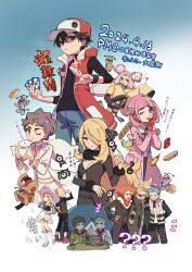 +++ 4girls 6+boys ? ?? black_hair black_shirt blonde_hair bread breasts brock_(pokemon) closed_mouth coat coin commentary cynthia_(pokemon) cyrus_(pokemon) dated diantha_(pokemon) food fur_collar gen_2_pokemon ghetsis_(pokemon) gimmighoul gimmighoul_(chest) gimmighoul_(roaming) gladion_(pokemon) gloves gradient_background hair_ornament hairclip heart heart_hands highres holding huan_li iono_(pokemon) lacey_(pokemon) lillie_(pokemon) long_hair lysandre_(pokemon) multiple_boys multiple_girls nintendo one_eye_closed pants pokemon pokemon_(creature) pokemon_bw2 pokemon_dppt pokemon_masters_ex pokemon_sm pokemon_sv pokemon_xy red_(pokemon) red_(sygna_suit)_(pokemon) red_coat red_gloves samuel_oak shirt short_hair sleeveless sleeveless_coat translation_request unown vest
