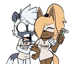 2girls multiple_girls qqlettuce razor sega shirt shocked_pupils sonic_(series) sonic_the_hedgehog_(idw) t-shirt tangle_the_lemur tongue tongue_out whisper_the_wolf yuri