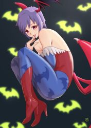 1girl animal_print bare_shoulders bat_background bat_print bat_wings black_background boots bridal_gauntlets commentary_request demon_girl fetal_position finalcake full_body head_wings high_heel_boots high_heels highres knee_boots leotard lilith_(darkstalkers) looking_at_viewer low_wings pantyhose print_pantyhose purple_hair red_eyes red_leotard short_hair solo strapless strapless_leotard tongue tongue_out darkstalkers wings