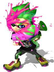 Rule 34 | 1boy, 3d, bike shorts, black shirt, blue eyes, cuttlefrsh (splatoon), eye mask, fingerless gloves, full body, gloves, gradient hair, green hair, grin, headphones, holding, holding weapon, ink tank (splatoon), inkling, inkling boy, inkling player character, leaning to the side, looking at viewer, multicolored hair, nintendo, official art, one eye closed, paint splatter, paint splatter on face, shirt, shoelaces, shoes, short sleeves, smile, sneakers, solo, splatoon (series), splatoon 2, splattershot (splatoon), spotted hair, standing, t-shirt, tentacle hair, thick eyebrows, transparent background, two-tone hair, v-shaped eyebrows, weapon, yellow shoes