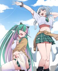2girls :d absurdres aqua_eyes black_hair blue_hair blue_sky blunt_bangs bracelet breasts cleavage clothes_around_waist commentary derivative_work elira_pendora english_commentary facial_mark finana_ryugu fins green_hair gyaru gyaru_w head_fins head_wings heart heart_facial_mark highres jewelry large_breasts lazulight long_hair looking_at_viewer loose_socks low_wings midriff momojii_e multicolored_hair multiple_girls navel necklace nijisanji nijisanji_en open_mouth plaid_clothes plaid_skirt pleated_skirt purple_eyes purple_hair school_uniform skirt sky smile socks streaked_hair sweater sweater_around_waist thighhighs v very_long_hair virtual_youtuber white_hair white_thighhighs wings