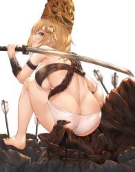1girl absurdres arrow_(projectile) ass bad_id bad_twitter_id barefoot blonde_hair blue_eyes blush breasts butt_crack crown crucible_knight elden_ring feet fromsoftware hair_ornament highres holding hololive hololive_english honkivampy huge_ass looking_at_viewer panties short_hair smile solo sword underwear virtual_youtuber watson_amelia weapon white_panties