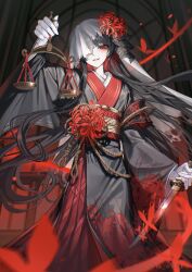 1girl absurdres arm_up armband balance_scale black_background black_hair black_kimono bug butterfly commentary_request feet_out_of_frame flower gloves highres holding holding_scale holding_sword holding_weapon insect japanese_clothes kimono long_hair long_sleeves looking_at_viewer mahou_shoujo_no_majo_saiban moduku nikaidou_hiro one_eye_covered pale_skin red_eyes red_flower rope smile solo spider_lily standing sword veil very_long_hair weapon weighing_scale white_gloves wide_sleeves
