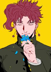 1boy asymmetrical_bangs blue_flower cherry_earrings closed_eyes curtained_hair earrings flower flower_to_mouth food-themed_earrings food_themed_earrings forget-me-not_(flower) gakuran hand_up highres holding holding_flower jewelry jojo_no_kimyou_na_bouken kakyoin_noriaki lighthouse_(lt_yummy) male_focus petals red_hair school_uniform short_hair smile solo stardust_crusaders straight-on yellow_background