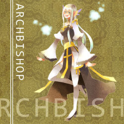 1girl :d arch_bishop_(ragnarok_online) black_dress black_shoes blonde_hair brown_background character_name cleavage_cutout clothing_cutout commentary_request cross dress feathered_wings full_body green_eyes head_wings juliet_sleeves long_hair long_sleeves looking_at_viewer open_mouth orange_wings patterned_background pelvic_curtain puffy_sleeves ragnarok_online sansaro sash shoes smile solo thighhighs two-tone_dress white_dress white_thighhighs wings yellow_sash