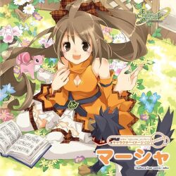 album_cover bare_shoulders book bow breasts brown_eyes brown_hair checkered_bow checkered_clothes checkered_ribbon cleavage cover emil_chronicle_online flying_squirrel frilled_skirt frills hair_bow leg_ribbon logo long_hair marcia_(eco) meadow medium_breasts official_art open_mouth orange_shirt ponytail ribbon shirt sitting skirt squirrel thighhighs wariza white_skirt white_thighhighs