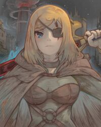 Rule 34 | 1girl, alicia glenfall, blonde hair, blue eyes, breasts, brown choker, brown cloak, choker, clevatess: majuu no ou to akago to shikabane no yuusha, cloak, closed mouth, commentary, english commentary, eyepatch, frown, highres, holding, holding behind back, holding sword, holding weapon, holding weapon behind back, jjfsantos, large breasts, looking at viewer, medium hair, night, night sky, outdoors, scar, scar across eye, scar on face, sky, solo, sword, upper body, weapon
