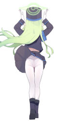 1girl absurdres armband ass black_boots black_hat black_jacket black_skirt blue_archive blue_armband boots facing_away floating_hair full_body gloves green_hair halo hat highres hikari_(blue_archive) jacket long_hair long_sleeves panties panties_under_pantyhose pantyhose pointy_ears s10021 simple_background skirt solo straight_hair underwear very_long_hair white_background white_gloves white_pantyhose wind