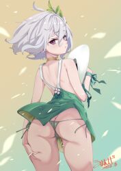 1girl absurdres antenna_hair ass bare_shoulders blush bow dress elf flower gold_choker green_bow green_dress green_panties hair_ornament hat highres holding holding_unworn_clothes holding_unworn_hat kokkoro_(princess_connect!) looking_at_viewer looking_back medium_hair panties pointy_ears princess_connect! purple_eyes side-tie_panties sleeveless sleeveless_dress solo umyonge_(lkakeu) underwear unworn_hat unworn_headwear white_flower