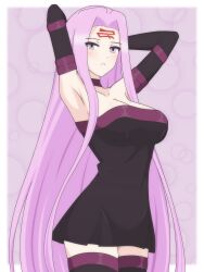 1girl absurdly_long_hair absurdres armpits arms_up bare_shoulders black_dress black_gloves black_thighhighs border breasts choker cleavage closed_mouth collarbone collared_shirt covered_navel cowboy_shot dani_(angrymatthew) dress elbow_gloves eyebrows_hidden_by_hair eyes_visible_through_hair facial_mark fate/grand_order fate/stay_night fate_(series) fingerless_gloves forehead_mark gloves highres large_breasts long_bangs long_hair looking_at_viewer medusa_(fate) medusa_(rider)_(fate) no_blindfold outside_border parted_bangs presenting_armpit purple_background purple_choker purple_dress purple_eyes purple_gloves purple_hair purple_thighhighs shirt short_dress solo standing strapless strapless_dress thighhighs thighs very_long_hair white_border