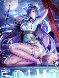10s 1girl 2010 2015 animal_ears arms_behind_head asymmetrical_breasts bandages blue_eyes blue_hair breasts cat_ears city dress female_focus fishnet_thighhighs fishnets full_body full_moon furyou_michi_~gang_road~ garter_straps hat helmet high_heels highres large_breasts long_hair mole moon multicolored_hair night nurse nurse_cap on_one_knee osuk2 outdoors petals purple_hair short_dress sky solo thighhighs unworn_headwear unworn_helmet very_long_hair weapon