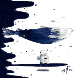 1other animal_focus arowana artist_name backpack bag closed_mouth commentary crescent_moon fish flying_fish helmet highres kazunoko_(kazunoko_zunoco) looking_at_animal moon night night_sky original parted_lips radio_antenna shadow signature sky space_helmet standing star_(sky) starry_sky white_background