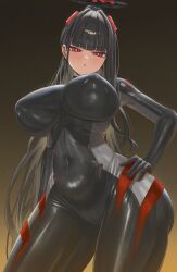 1girl absurdres black_bodysuit black_hair blue_archive blush bodysuit breasts covered_navel hair_ornament halo high_ponytail highres large_breasts long_hair looking_at_viewer nyan_(kuro_nyan01) ponytail red_eyes rio_(blue_archive) rio_(bodysuit)_(blue_archive) sidelocks solo thighs