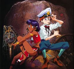 Rule 34 | 1boy, 1girl, absurdres, adjusting clothes, adjusting headwear, album cover, aqua socks, armlet, back-to-back, bandeau, bare shoulders, binoculars, blue eyes, blue gemstone, blue pants, bob cut, borrowed accessory, bow, bowtie, bracelet, breasts, brown footwear, brown hair, closed mouth, collared shirt, cover, cropped vest, cross-laced footwear, cross-laced sandals, dark-skinned female, dark skin, dress shirt, earrings, fishing net, from side, fushigi no umi no nadia, gem, glasses, globe, gold bracelet, gold earrings, green eyes, hair ornament, hairclip, hat, highres, holding, holding binoculars, hoop earrings, jean roque lartigue, jewelry, key visual, knee up, lever, light smile, loincloth, looking at viewer, looking to the side, nadia la arwall, non-web source, official art, open clothes, open mouth, open vest, pants, peaked cap, pelvic curtain, pendant, promotional art, purple hair, red bow, red bowtie, revision, round eyewear, sadamoto yoshiyuki, sandals, scan, ship&#039;s wheel, shirt, shoes, short hair, sitting on globe, sleeveless, sleeves rolled up, small breasts, socks, stone wall, strapless, stretching, suspenders, textless version, tube top, vest, white bandeau, white hat, white shirt