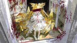 1girl abstract absurdres alternate_costume animal_ears arknights bis_rcgk2225 blonde_hair censored dress facing_viewer fox_ears fox_girl fox_tail from_above highres indoors kitsune long_hair multiple_tails necktie open_window own_hands_together pink_necktie solo suzuran_(arknights) tail very_long_hair white_dress window