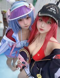 2girls barefoot battleship blue_hair bra breasts cosplay hololive houshou_marine jacket military_vehicle multiple_girls open_clothes open_jacket orange_eyes red_hair ship stuffed_toy underwear usada_pekora virtual_youtuber visor_cap warship watercraft