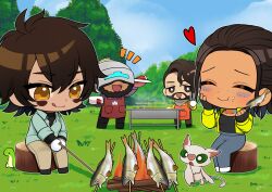 2boys 2girls absurdres akirai_(akry555) animification apex_legends apron assault_visor beard black_footwear black_gloves black_pants blue_pants blue_shirt brown_eyes brown_hair brown_pants brown_shirt collared_shirt conduit_(apex_legends) dark-skinned_female dark-skinned_male dark_skin eating echo_(apex_legends) facial_hair fingerless_gloves fish freckles gloves grass grey_bandana grey_pants helmet highres jacket licking_lips mirage_(apex_legends) multiple_boys multiple_girls nessie_(respawn) newcastle_(apex_legends) orange_apron orange_shirt pants park red_apron shirt skewer smile tongue tongue_out tree vantage_(apex_legends) white_footwear white_gloves yellow_jacket