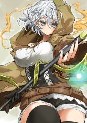 1girl ahoge breasts brown_cloak cloak duel_monster gloves grey_eyes highres holding holding_staff hooded_robe kamo_(riverside_kamo) looking_at_viewer lyna_(yu-gi-oh!) lyna_the_light_charmer open_clothes open_robe robe short_hair shorts single_glove solo staff thighhighs white_hair yu-gi-oh!
