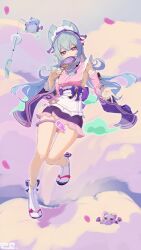 Rule 34 | 1girl, blue hair, breasts, cloud, colored smoke, commentary, detached sleeves, english commentary, full body, genshin impact, hair ornament, hand fan, highres, holding, holding fan, long hair, looking at viewer, medium breasts, purple eyes, ribbon, sideboob, signature, skirt, smoke, tabi, yumemizuki mizuki, zeeeliao