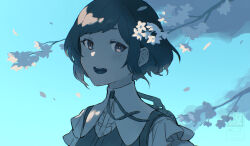 1girl :d blue_sky branch cherry_blossoms collared_shirt commentary_request day flower frilled_shirt frilled_sleeves frills fukurai_azami looking_at_viewer open_mouth outdoors petals pink_flower saida_(ohda_ooda) shirt short_hair sky smile solo toshi_densetsu_kaitai_center upper_body white_shirt wind